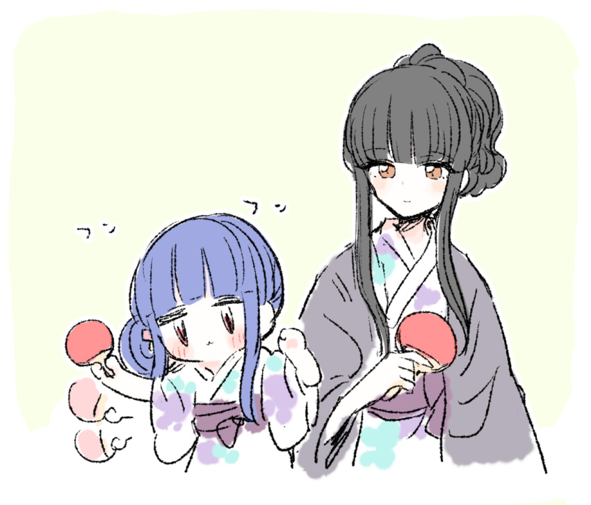 2girls, black_hair, blue_hair, brown_eyes, cabocha8, hime_cut, idolmaster, idolmaster_cinderella_girls, idolmaster_cinderella_girls_starlight_stage, japanese_clothes, kimono, kurokawa_chiaki, multiple_girls, paddle, sajo_yukimi, sidelocks, table_tennis_paddle, tied_hair