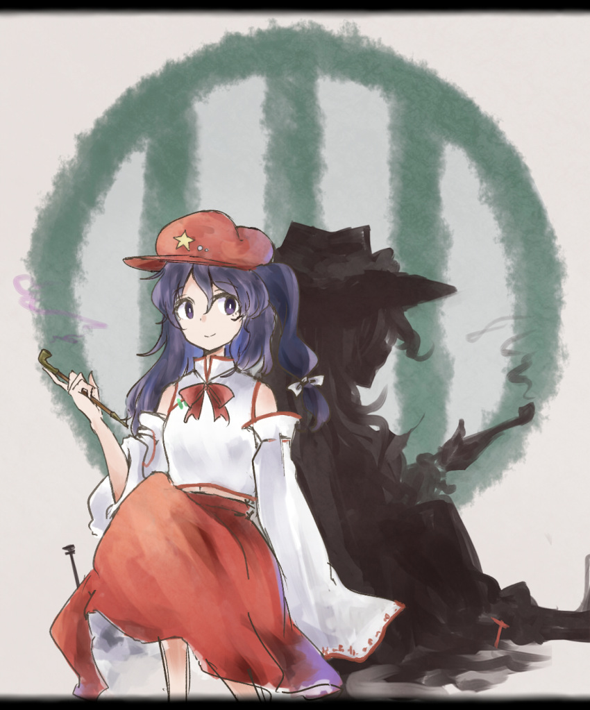 2girls, artist_request, bow, cabbie_hat, detached_sleeves, eyebrows_visible_through_hair, flat_cap, hat