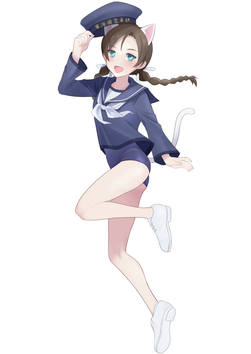 1girl, animal_ears, blue_eyes, blue_swimsuit, blush, braid, brave_witches, brown_hair, cat_ears, cat_tail, dress, freckles, full_body, highres, looking_at_viewer, military, military_uniform, misumi_miya, olive_gun_on_a_pigeon, open_mouth, sailor_dress, simple_background, smile, solo, swimsuit, tail, twin_braids, twintails, uniform, white_background, world_witches_series