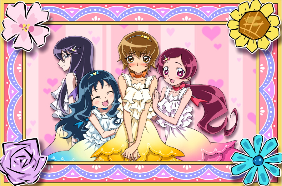 blue_dress, blue_hair, blush, brown_eyes, brown_hair, closed_eyes, dress, futari_wa_pretty_cure, hair_ornament, hairclip, hanasaki_tsubomi, heartcatch_precure!, heartcatch_pretty_cure!, kurumi_erika, long_hair, multiple_girls, myoudouin_itsuki, pink_background, pink_dress, precure, purple_dress, purple_hair, red_eyes, red_hair, short_hair, tsukikage_yuri, v_arms, yellow_dress, yukkyun