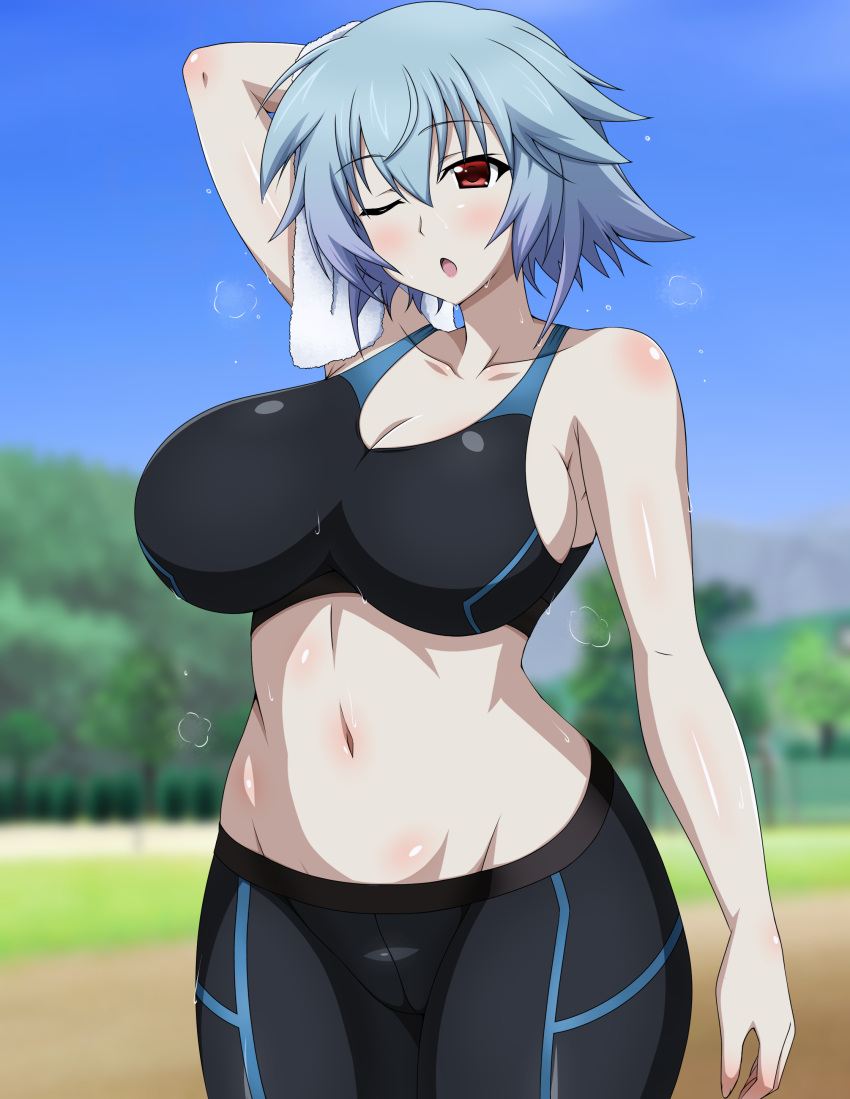 1girl, absurdres, bike_shorts, black_shorts, black_sports_bra, blue_hair, blue_sky, blush, breasts, day, highres, infinite_stratos, large_breasts, midriff, navel, one_eye_closed, open_mouth, outdoors, red_eyes, sarashiki_tatenashi, shiny, shiny_hair, shiny_skin, short_hair, shorts, sky, solo, space_gorilla, sports_bra, standing, stomach, stomach_day, sweat, towel