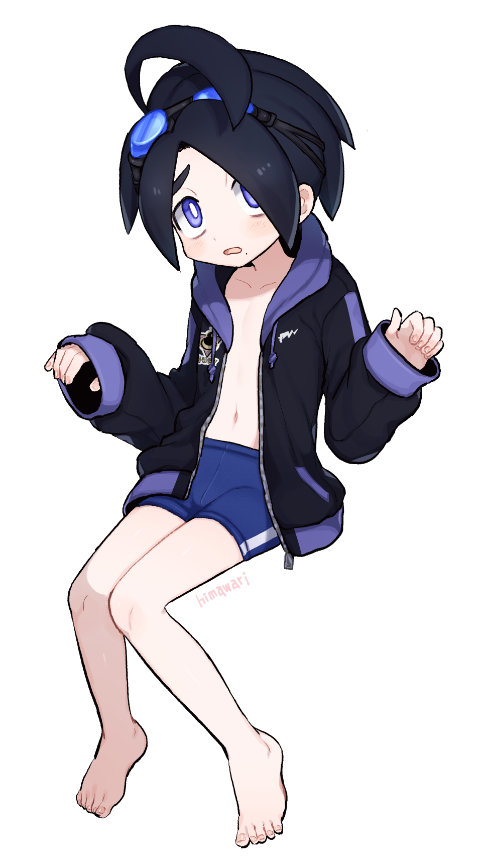 1boy, ahoge, allister_(pokemon), alternate_costume, barefoot, black_hair, black_hoodie, blue_male_swimwear, blush, bright_pupils, collarbone, commentary_request, full_body, goggles, goggles_on_head, hands_up, highres, himawari_(kawaisounaedesu), hood, hood_down, hoodie, knees, knees_together_feet_apart, long_sleeves, looking_at_viewer, male_focus, male_swimwear, mole, mole_under_mouth, navel, open_clothes, open_hoodie, open_mouth, pokemon, pokemon_(game), pokemon_swsh, raised_eyebrows, short_hair, signature, sleeves_past_wrists, solo, swim_trunks, toes, tongue, violet_eyes, white_pupils, zipper, zipper_pull_tab