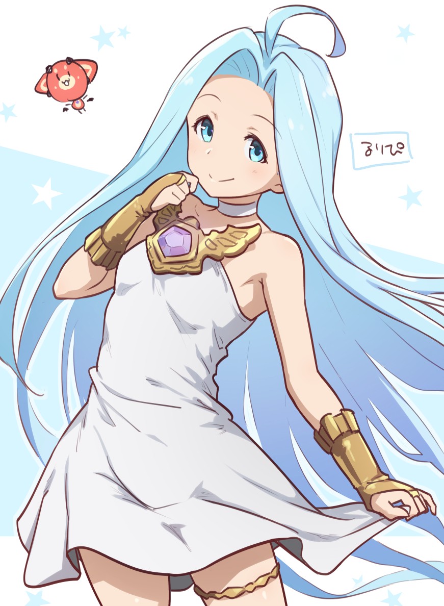 1girl, ahoge, bare_shoulders, blue_eyes, blue_hair, breasts, bridal_gauntlets, choker