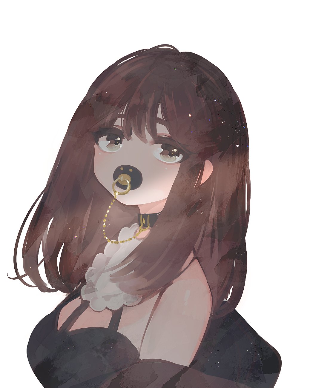 1girl, bangs, bare_shoulders, bib, breasts, brown_hair, choker, crop_top