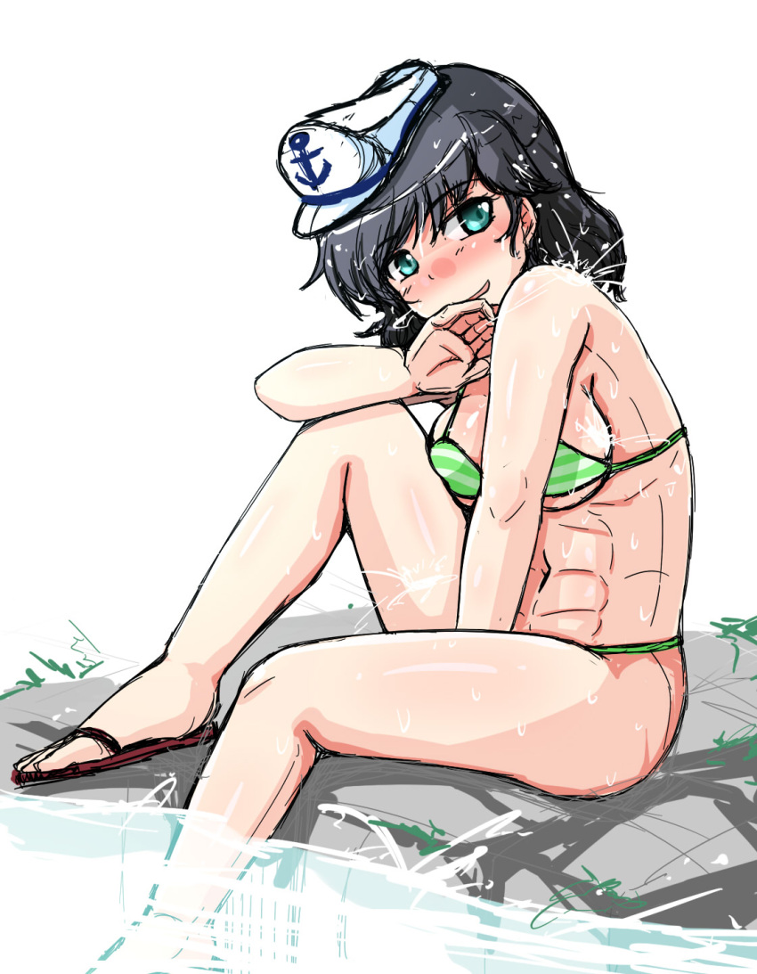 1girl, abs, akatuki_(yamina), bangs, bikini, black_hair, blush, eyebrows_visible_through_hair