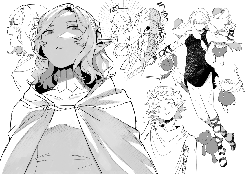 >_<, 1girl, 2boys, ankle_lace-up, bare_shoulders, braid, cloak, crutch