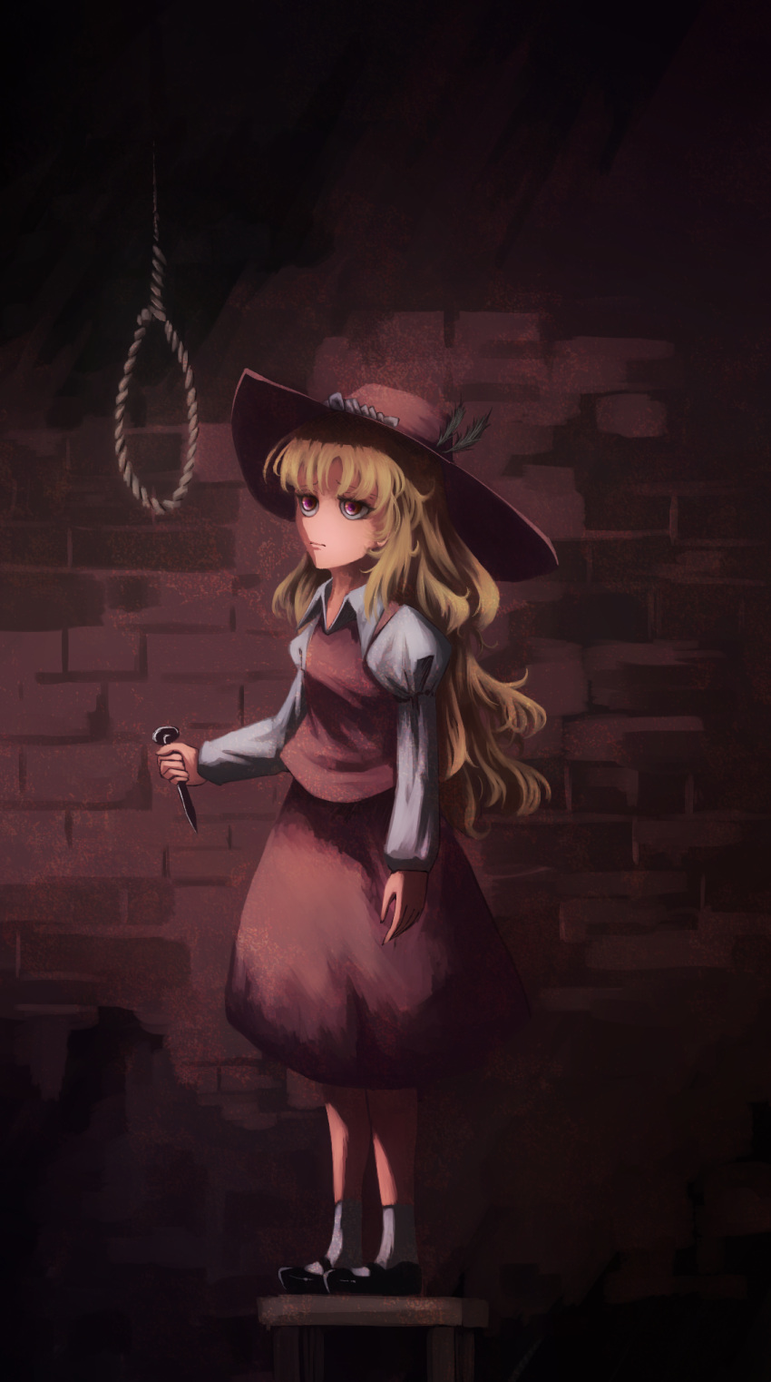 1girl, bangs, black_footwear, blonde_hair, brown_headwear, brown_skirt, brown_vest, dd_tachibana, extra, frilled_hat, frills, hat, hat_feather, highres, jacket_girl_(dipp), juliet_sleeves, long_hair, long_sleeves, mary_janes, noose, puffy_sleeves, red_eyes, shoes, skirt, touhou, vest, wavy_hair, white_legwear