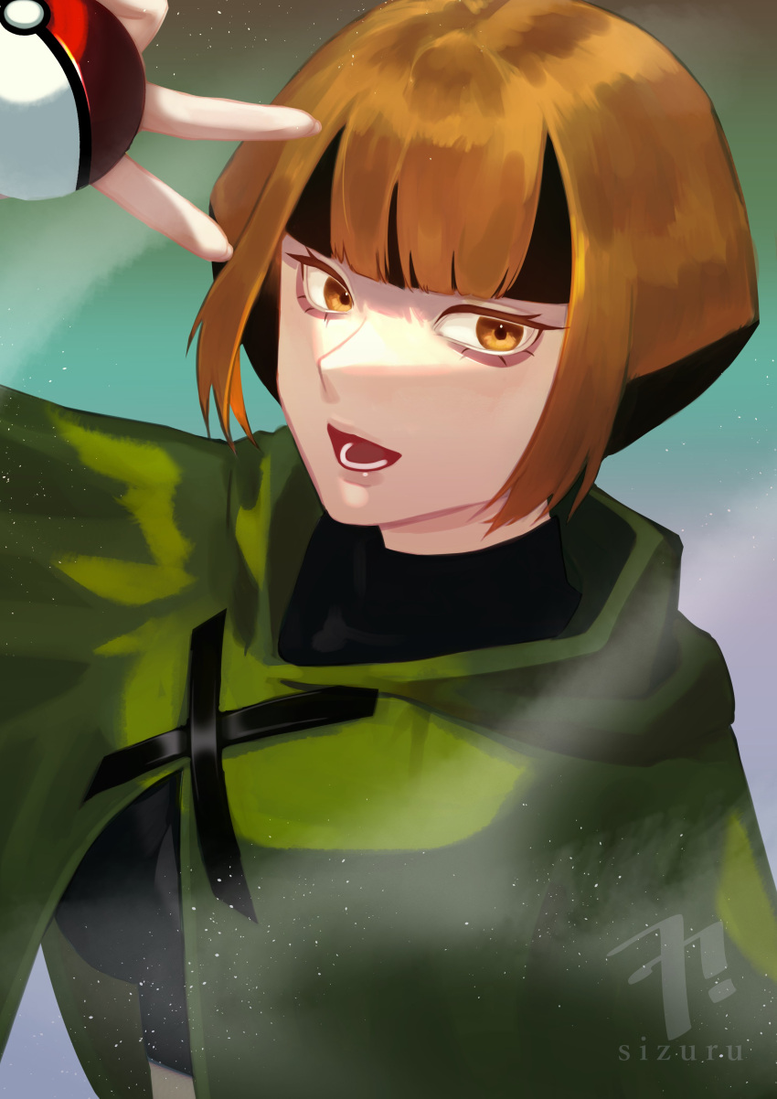 1girl, absurdres, artist_name, bangs, black_hair, black_shirt, blunt_bangs, breasts, commentary_request, eyelashes, gardenia_(pokemon), highres, holding, holding_poke_ball, lower_teeth, multicolored_hair, open_mouth, orange_eyes, orange_hair, poke_ball, poke_ball_(basic), pokemon, pokemon_(game), pokemon_dppt, poncho, shirt, short_hair, sizuru_(garasuame0206), solo, teeth, two-tone_hair, upper_body, v, watermark