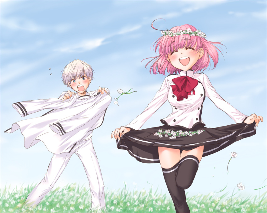 :d, head_wreath, kanda_aya, mashiba_mariko, ootori_satoru, open_mouth, original, school_uniform