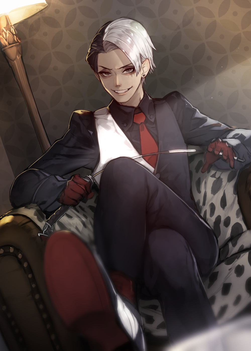 1boy, armchair, black_hair, black_pants, black_shirt, black_vest, chair, collared_shirt, commentary_request, commission, crossed_legs, divus_crewel, dutch_angle, earrings, gloves, hide_(hideout), highres, holding_riding_crop, indoors, jewelry, lamp, light_particles, long_sleeves, looking_at_viewer, male_focus, multicolored_hair, necktie, on_chair, pants, parted_lips, red_gloves, red_necktie, shirt, shoe_soles, short_hair, sitting, skeb_commission, smile, solo, stud_earrings, teeth, twisted_wonderland, two-tone_hair, two-tone_vest, vest, white_hair, white_vest