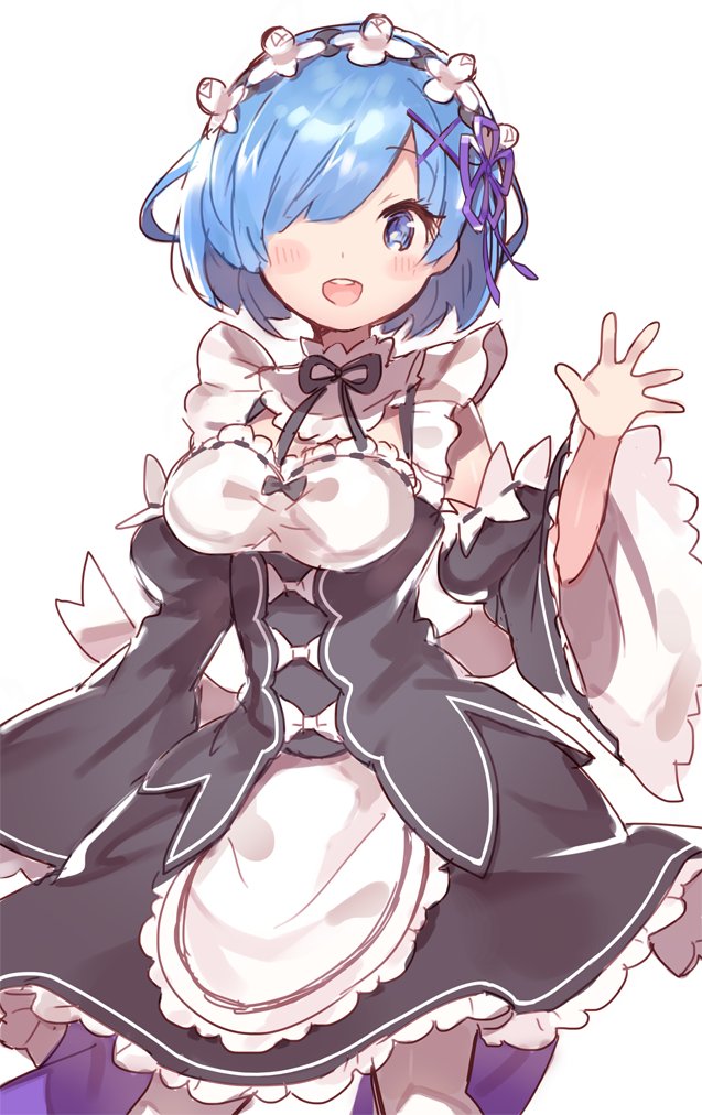 1girl, blue_eyes, blue_hair, breasts, dress, hair_ornament, hair_over_one_eye, kanyoko_(yuzukano_17), looking_at_viewer, maid, open_mouth, re:zero_kara_hajimeru_isekai_seikatsu, rem_(re:zero), roswaal_mansion_maid_uniform, short_hair, simple_background, smile, solo, white_background, x_hair_ornament