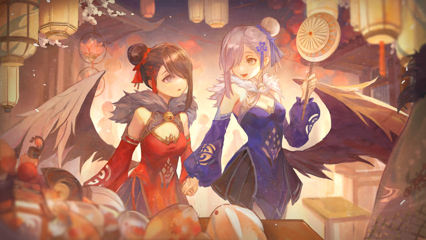 2girls, bangs, beatrice_(masterwork_apocalypse), black_hair, black_wings, breasts, china_dress, chinese_clothes