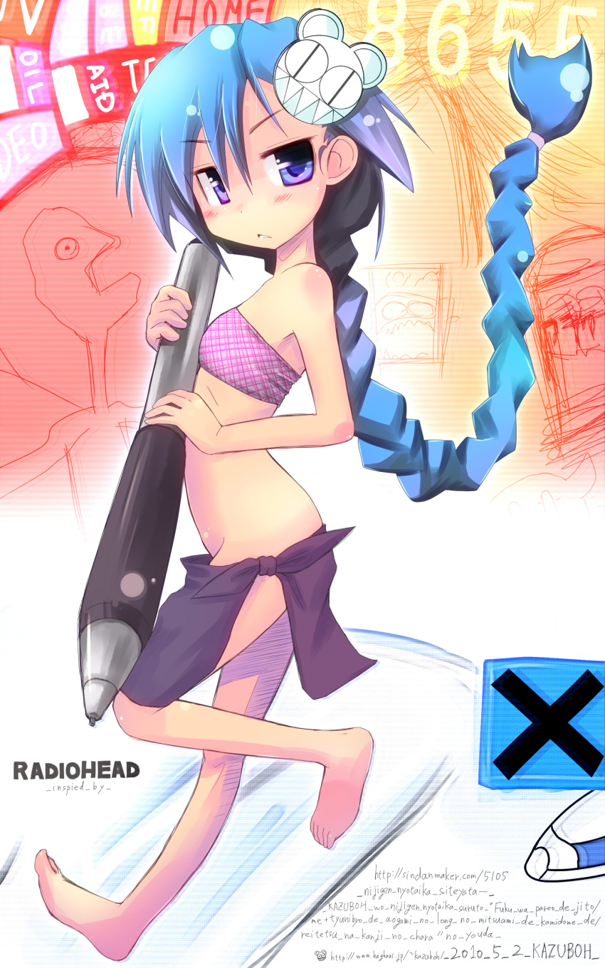 bad_id, bandeau, barefoot, blue_eyes, blue_hair, braid, flat_chest, hair_ornament