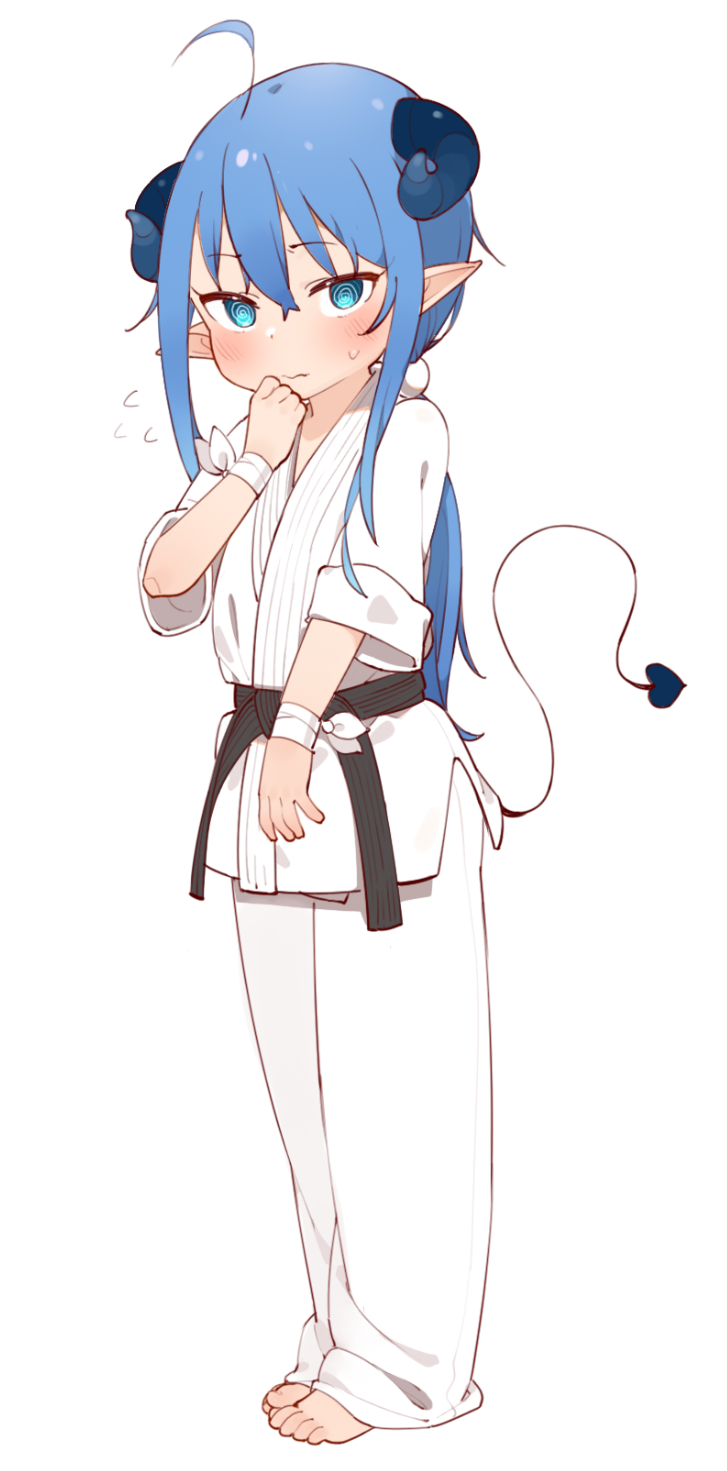 1girl, @_@, ahoge, artist_name, bandaged_wrist, bandages, bangs, barefoot, black_sash, blue_hair, blush, child, chinese_commentary, closed_mouth, commentary_request, demon_girl, demon_horns, demon_tail, dougi, eyebrows_visible_through_hair, full_body, hair_between_eyes, hand_up, highres, horns, karate, long_hair, looking_at_viewer, mrw, original, pants, pointy_ears, ponytail, sash, short_sleeves, signature, simple_background, solo, tail, white_background, white_pants, white_robe