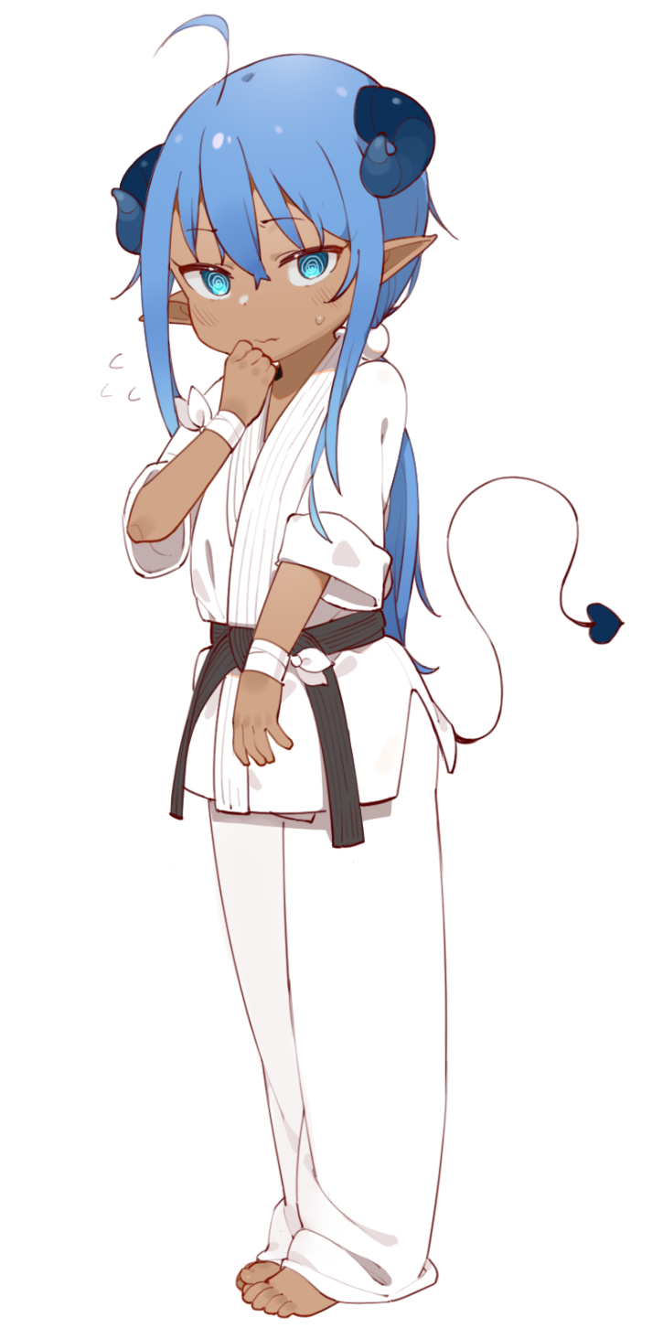 1girl, @_@, ahoge, artist_name, bandaged_wrist, bandages, bangs, barefoot