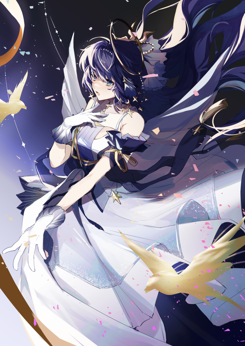 1girl, absurdres, arknights, astesia_(arknights), astesia_(frlibre_on_the_palace)_(arknights), bird, blue_eyes, blue_hair
