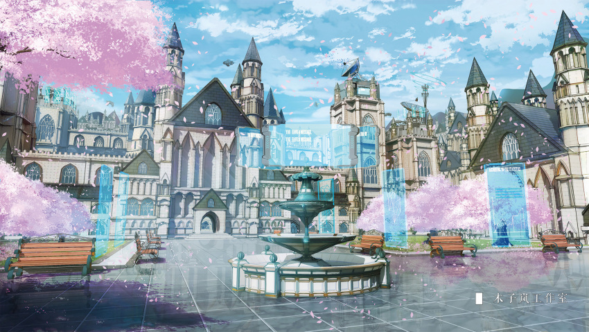 bench, blue_sky, building, cherry_blossoms, chinese_commentary, chinese_text, clouds, commentary_request