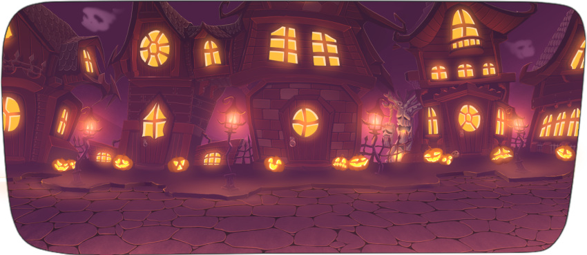 building, cobblestone, commentary, daniel_renard, door, english_commentary, fence, gibbet, halloween, in-universe_location, jack-o'-lantern, lamppost, monster, no_humans, pumpkin, purple_sky, ragnarok_online, skull, tree