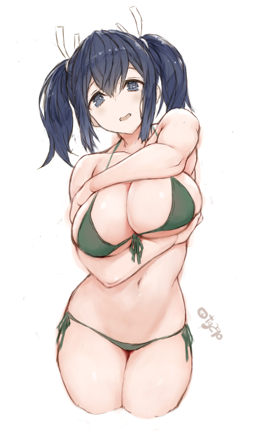 1girl, absurdres, bare_arms, bare_legs, bare_shoulders, bikini, blue_eyes, blue_hair, blush, breast_hold, breast_squeeze, breasts, cowboy_shot, cropped_legs, crossed_arms, front-tie_bikini, front-tie_top, green_bikini, hair_ribbon, highres, kantai_collection, large_breasts, looking_at_viewer, navel, ribbon, ryo_(tg290), side-tie_bikini, signature, simple_background, solo, souryuu_(kancolle), string_bikini, swimsuit, twintails, white_background, white_ribbon