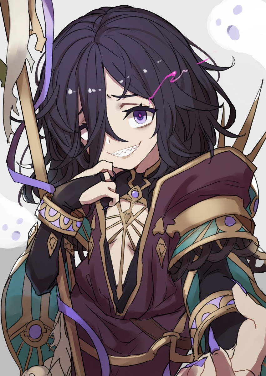 1girl, absurdres, bangs, black_hair, breasts, bridal_gauntlets, center_opening, commentary_request