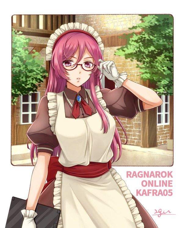 1girl, 20nigu, adjusting_eyewear, apron, bangs, bow, bowtie, breasts