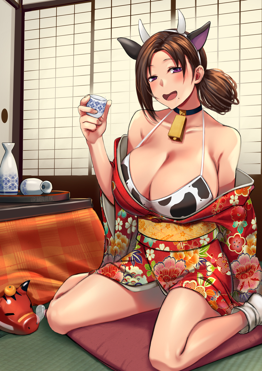 1girl, akabeko, alcohol, animal_ears, animal_print, architecture, bell, bikini