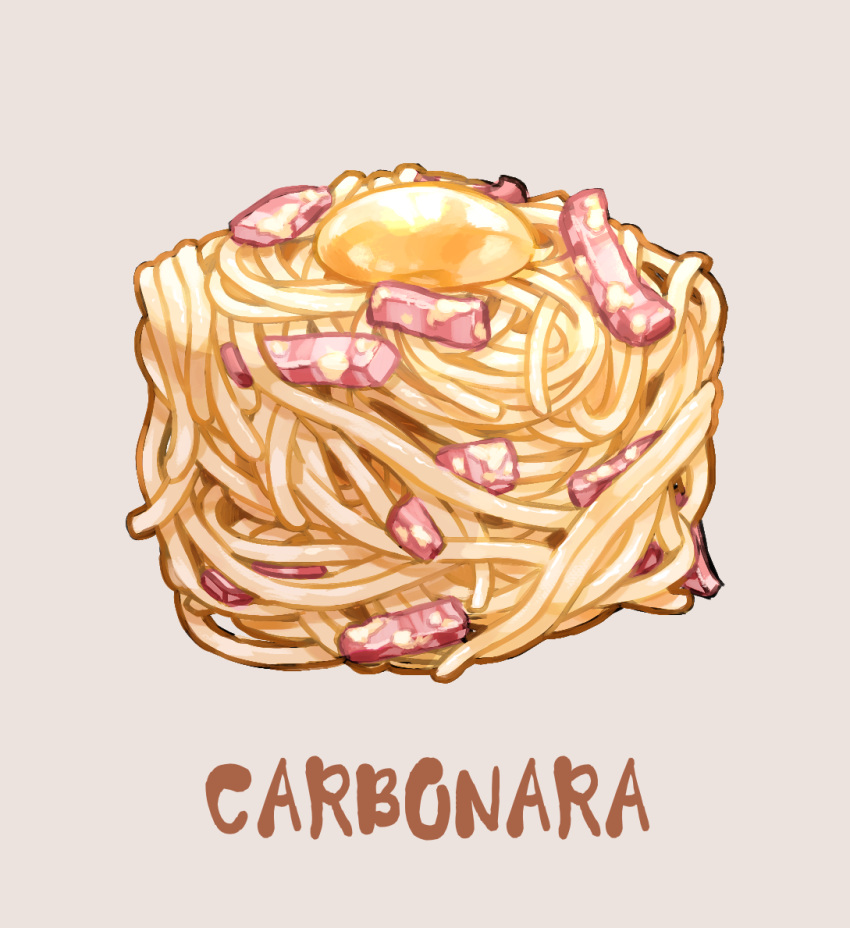 bacon, carbonara_(food), cube, egg_yolk, english_text, food, food_focus, grey_background, no_humans, original, pasta, pork, saino, simple_background, spaghetti