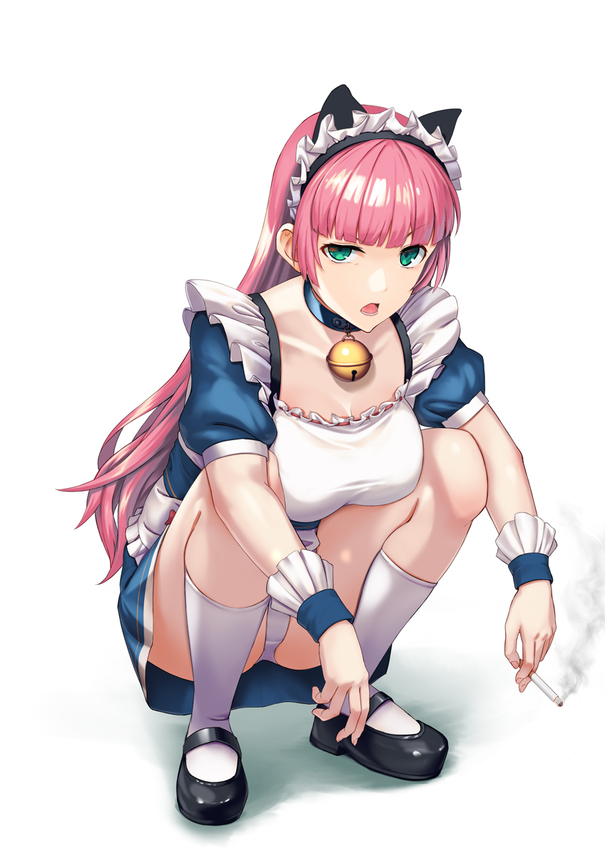 1girl, animal_ears, apron, bangs, bell, black_legwear, cat_ears, cigarette