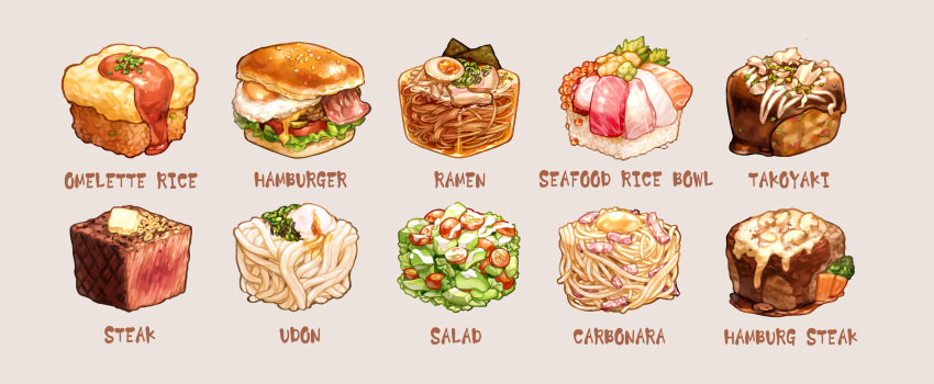 absurdres, bacon, broccoli, burger, butter, carbonara_(food), carrot, cheese, commentary_request, cube, dressing, egg, egg_yolk, english_text, food, food_focus, fried_egg, fried_rice, grey_background, hamburger_steak, hardboiled_egg, highres, ketchup, lettuce, nigirizushi, no_humans, noodles, nori_(seaweed), omurice, original, pasta, pork, ramen, rice, roe, saino, salad, salmon, sashimi, seaweed, simple_background, spaghetti, steak, sushi, takoyaki, tomato, udon