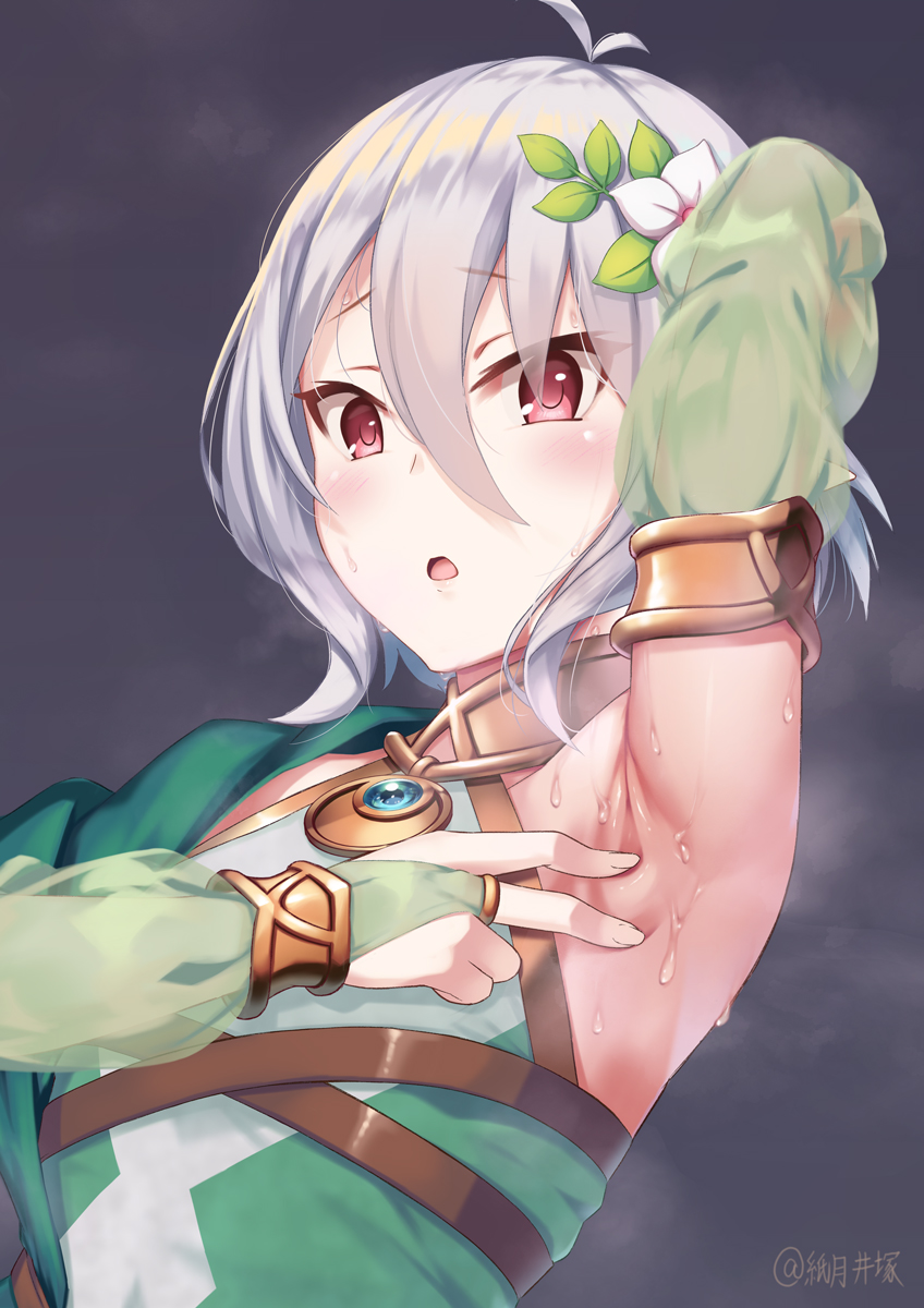 1girl, arm_up, armpits, bangs, blush, elf, eyebrows_behind_hair, eyebrows_visible_through_hair