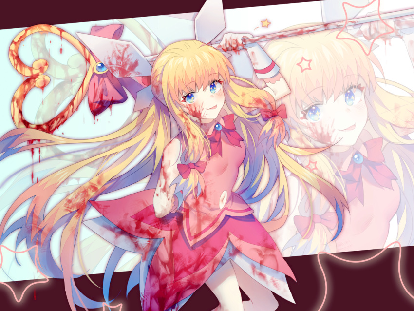 1girl, azuchimomoyama_kurumi, blonde_hair, blood, blood_on_clothes, blood_on_face, blood_on_weapon, blue_eyes