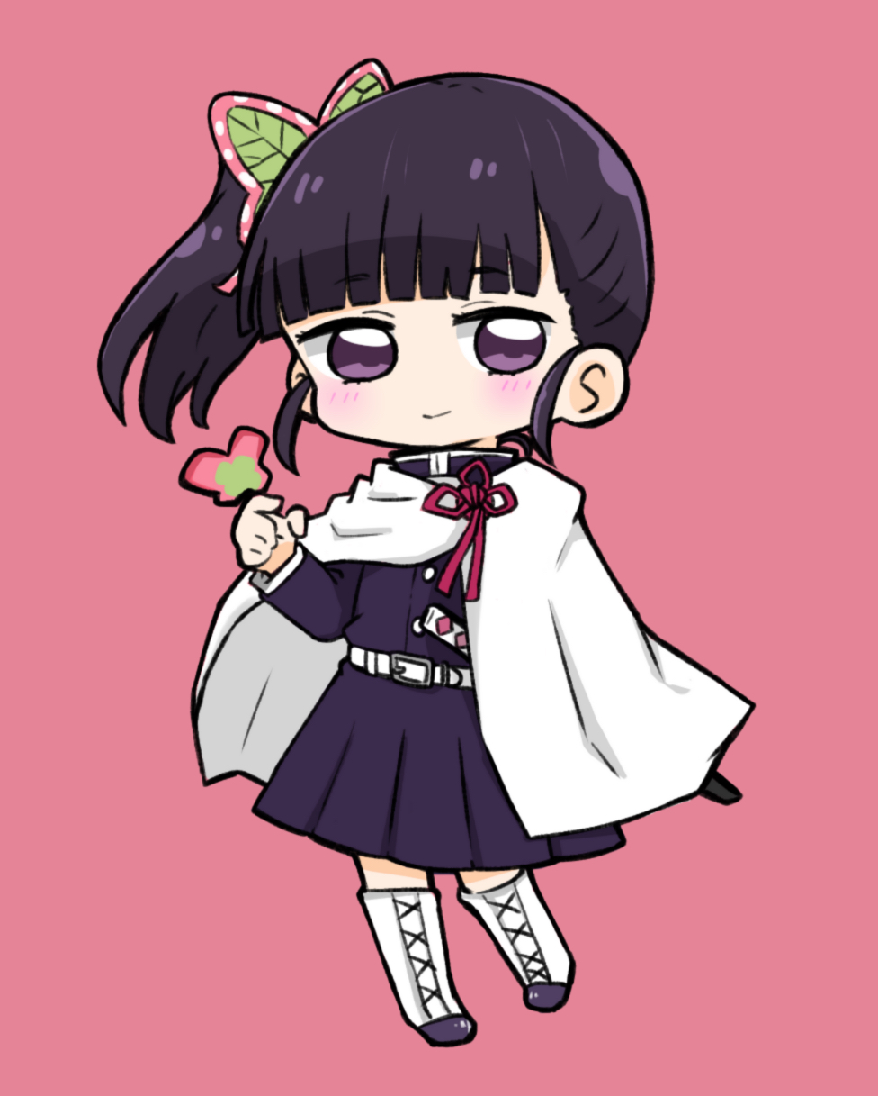 1girl, animal, animal_on_hand, bangs, black_hair, blunt_bangs, blush, boots, bug, butterfly, butterfly_hair_ornament, cape, chibi, closed_mouth, commentary_request, cross-laced_footwear, eyebrows_visible_through_hair, full_body, hair_ornament, hand_up, highres, hitomiz, jacket, katana, kimetsu_no_yaiba, knee_boots, lace-up_boots, pink_background, pleated_skirt, purple_jacket, purple_skirt, sheath, sheathed, side_ponytail, simple_background, skirt, smile, solo, sword, tsuyuri_kanao, violet_eyes, weapon, white_cape, white_footwear