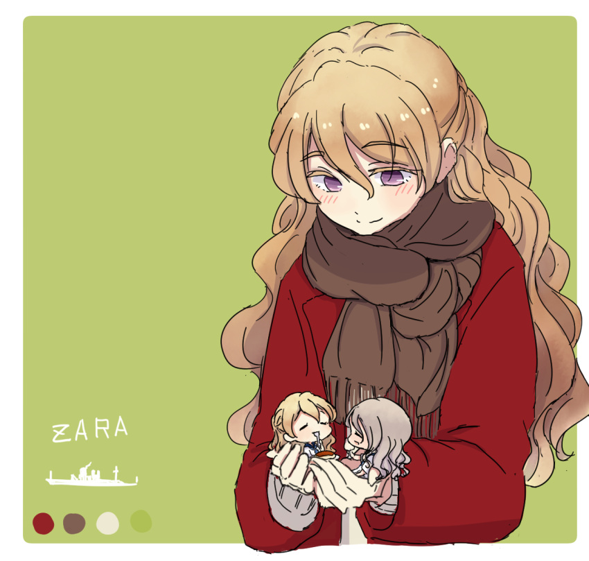 3girls, bangs, blonde_hair, blush, brown_scarf, character_name, closed_eyes, cup