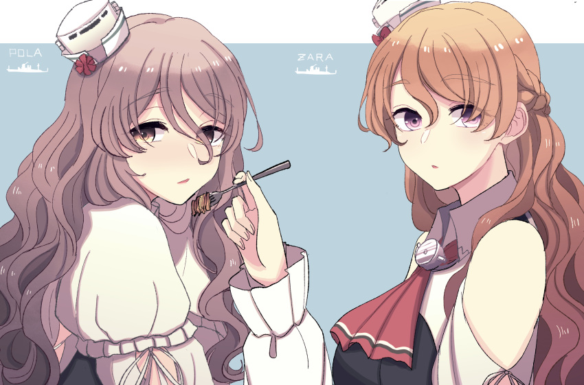 2girls, ascot, bangs, bare_shoulders, braid, breasts, brown_eyes, brown_hair