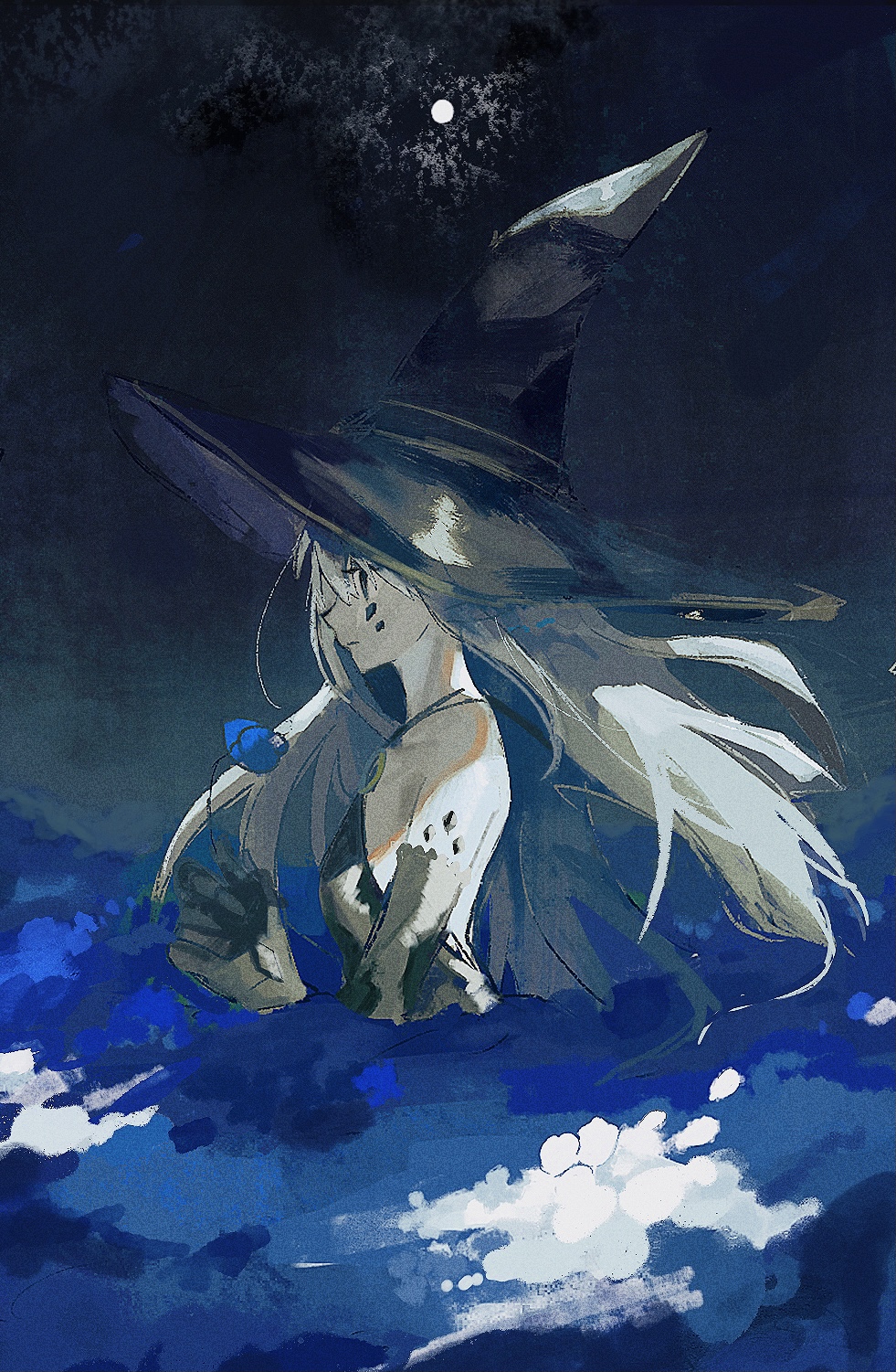 1girl, bangs, black_dress, black_gloves, black_headwear, black_sky, blue_flower, blue_rose