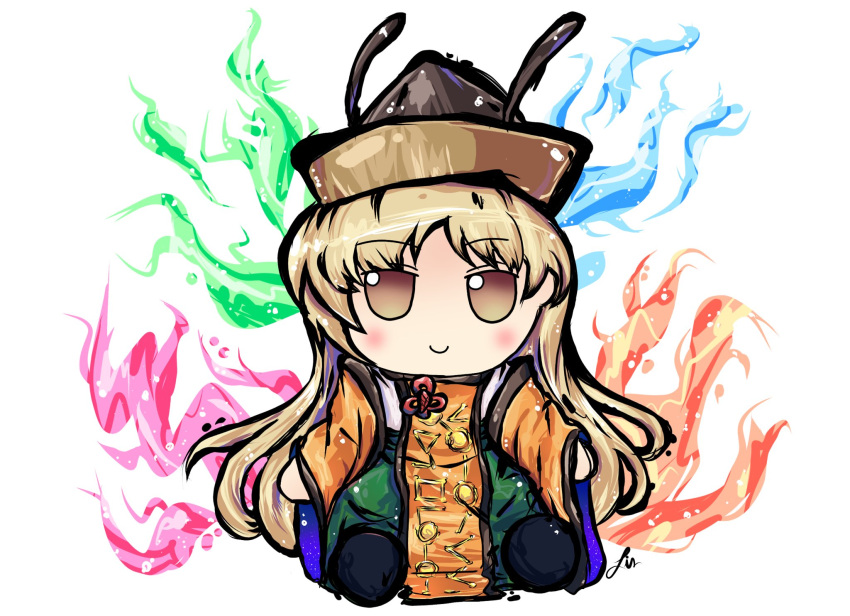 1girl, aura, bangs, black_footwear, blonde_hair, blush, brown_headwear, commentary