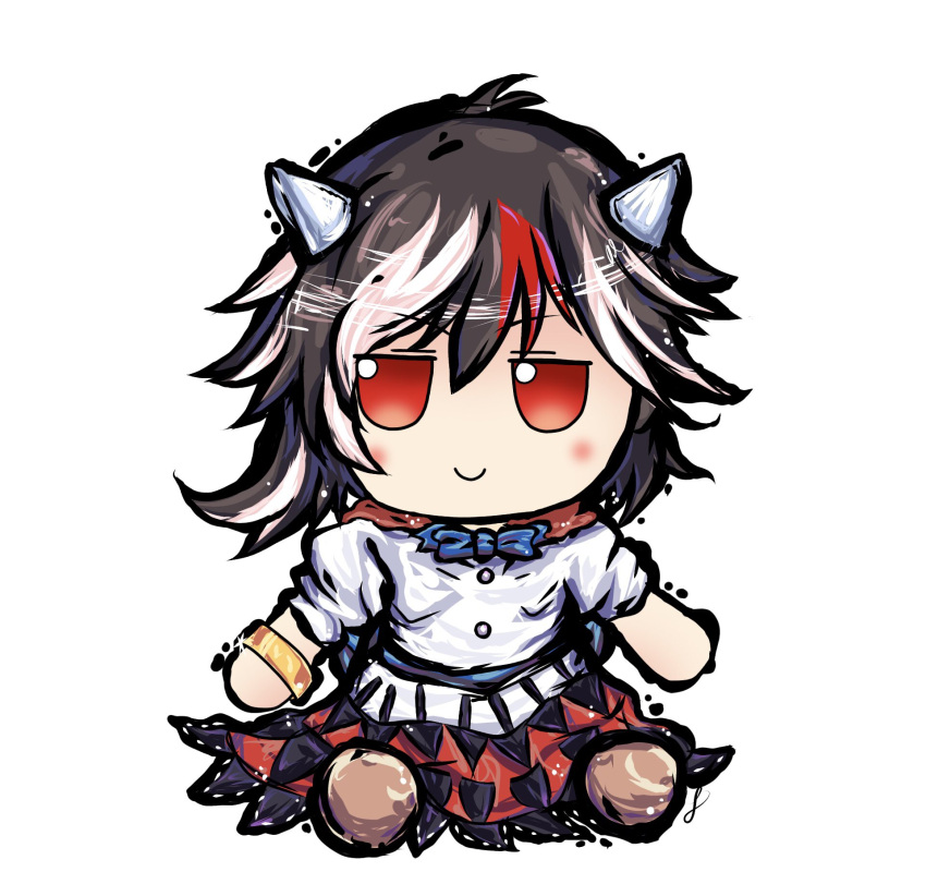 1girl, arrow_(symbol), black_dress, black_hair, blue_bow, blue_bowtie, blue_neckwear, blush