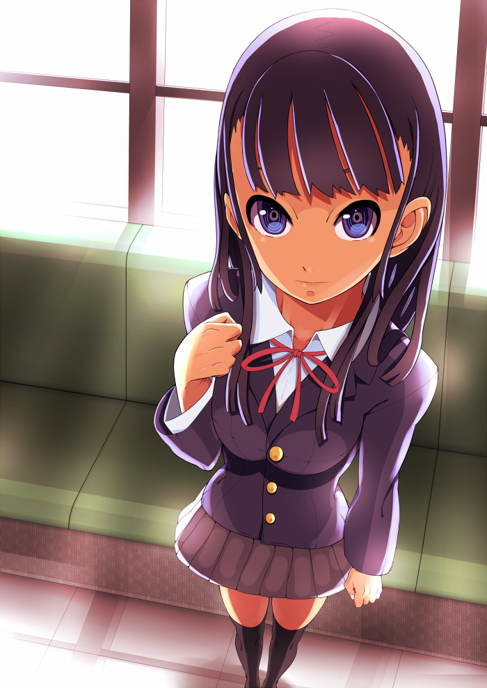 blazer, from_above, miyagi_ruka, original, purple_eyes, school_uniform, skirt, solo