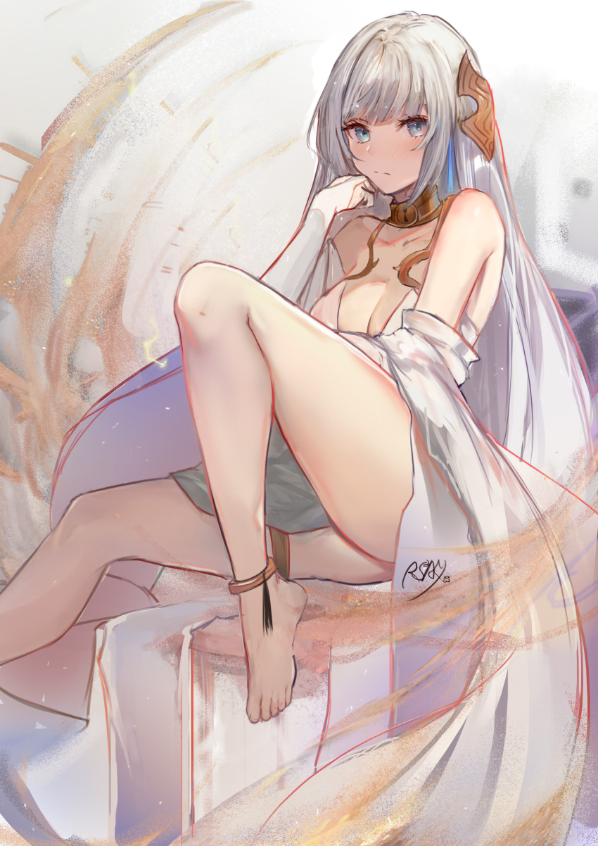 1girl, absurdres, anklet, arena_(masterwork_apocalypse), barefoot, blue_eyes, breasts, bridal_gauntlets