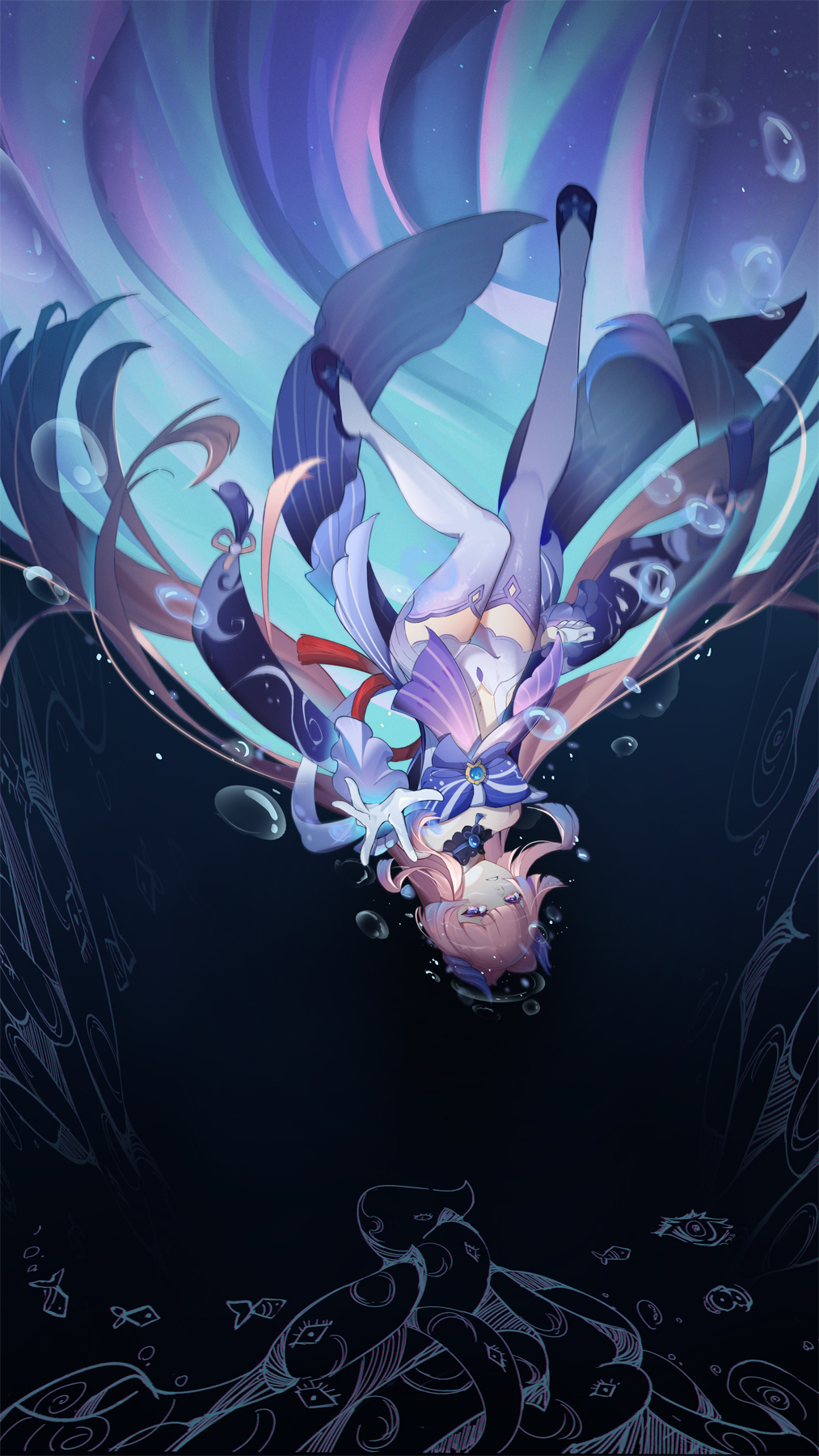 1girl, black_footwear, blue_eyes, blue_legwear, bow, bubble, commentary_request, genshin_impact