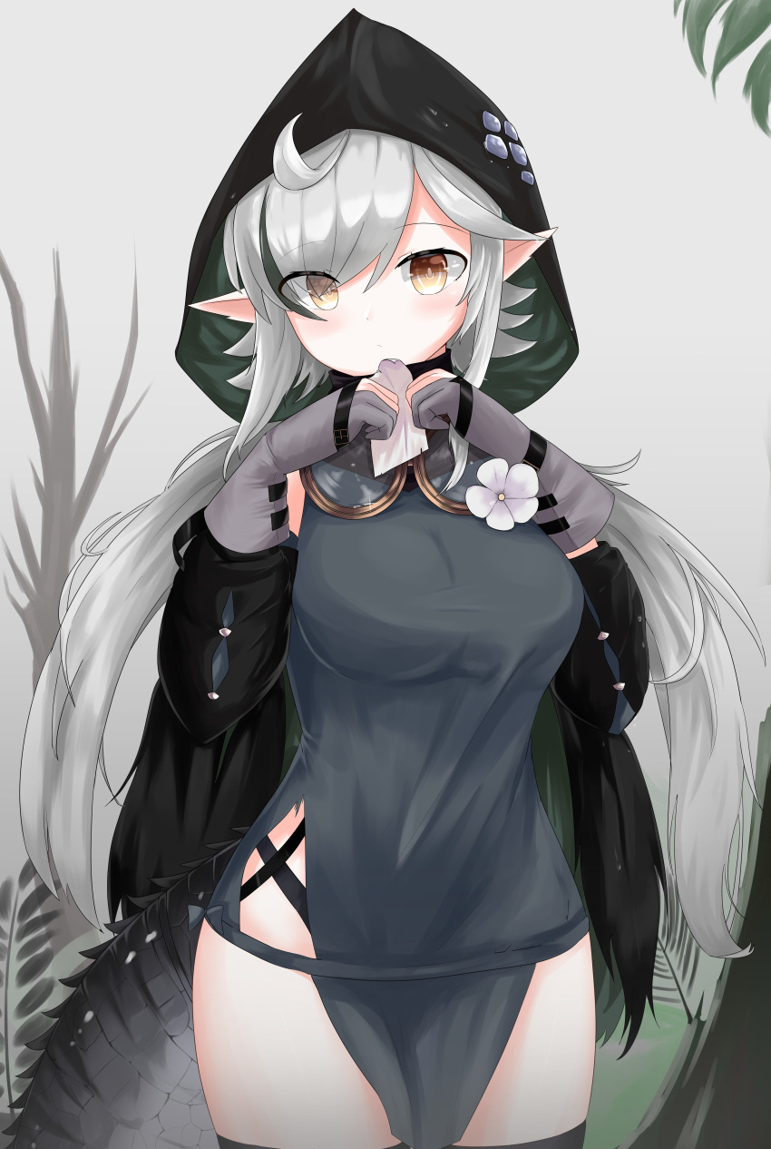 1girl, absurdres, ahoge, arknights, black_legwear, black_sleeves, breasts, cowboy_shot