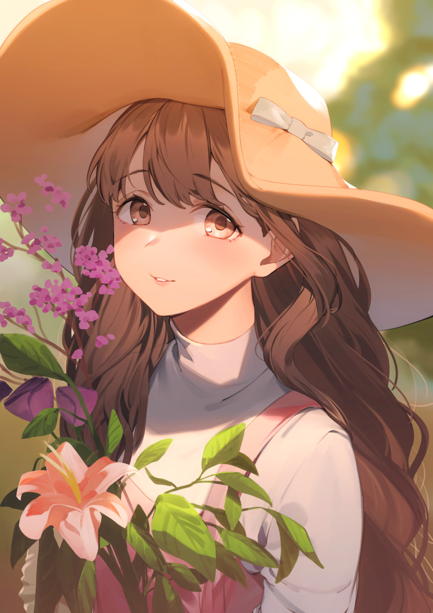1girl, absurdres, bangs, blurry, blurry_background, brown_eyes, brown_hair, brown_headwear