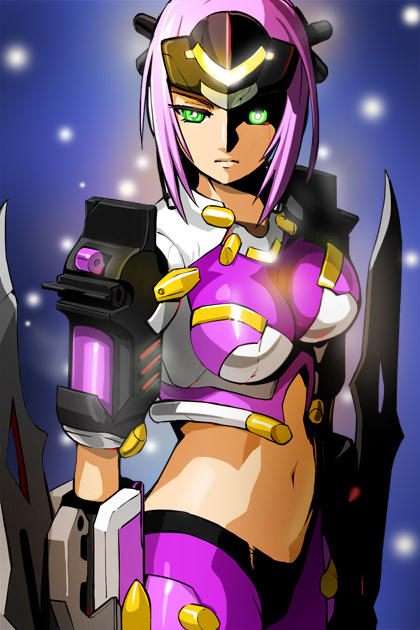 armor, blade, breasts, cracks, glowing, glowing_eyes, green_eyes, haruyama