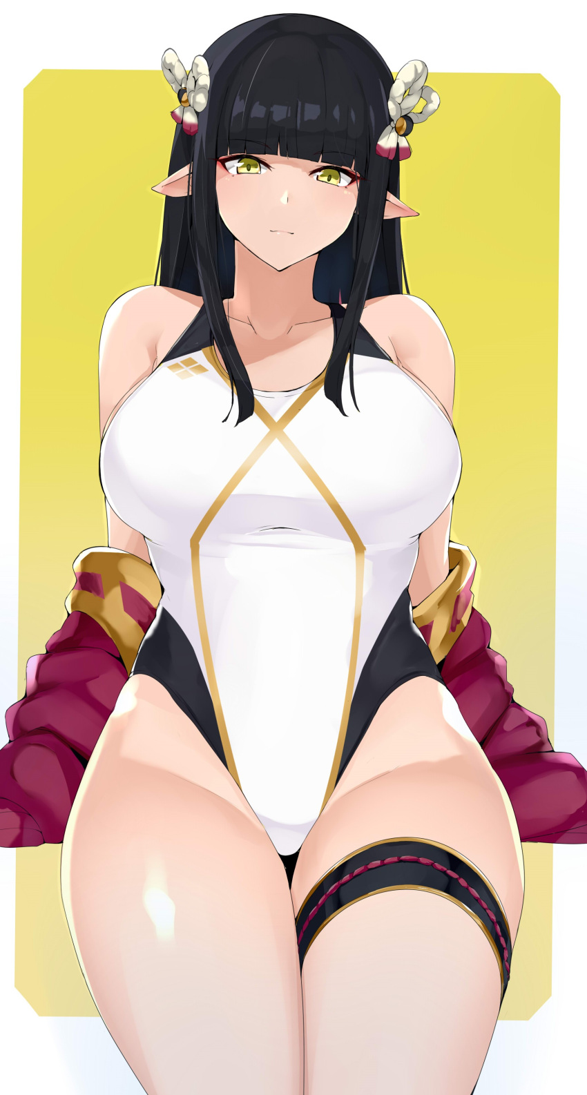1girl, absurdres, bangs, bare_shoulders, black_hair, black_swimsuit, blunt_bangs, breasts