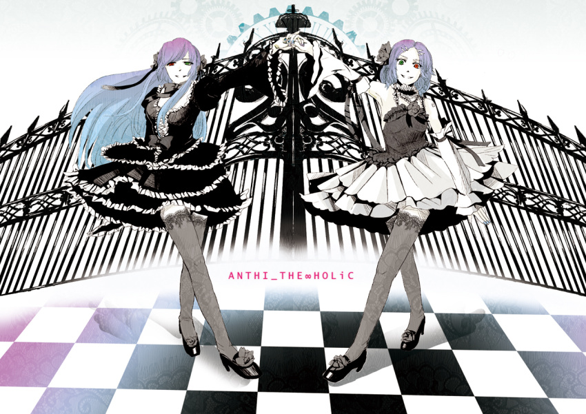 anti_the_holic_(vocaloid), anti_the_infinite_holic_(vocaloid), blue_hair, dress, flower, frills, gothic_lolita, gradient_hair