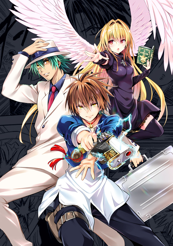 1girl, 2boys, black_cat_(series), blonde_hair, brown_hair, eve_(black_cat), green_hair, gun