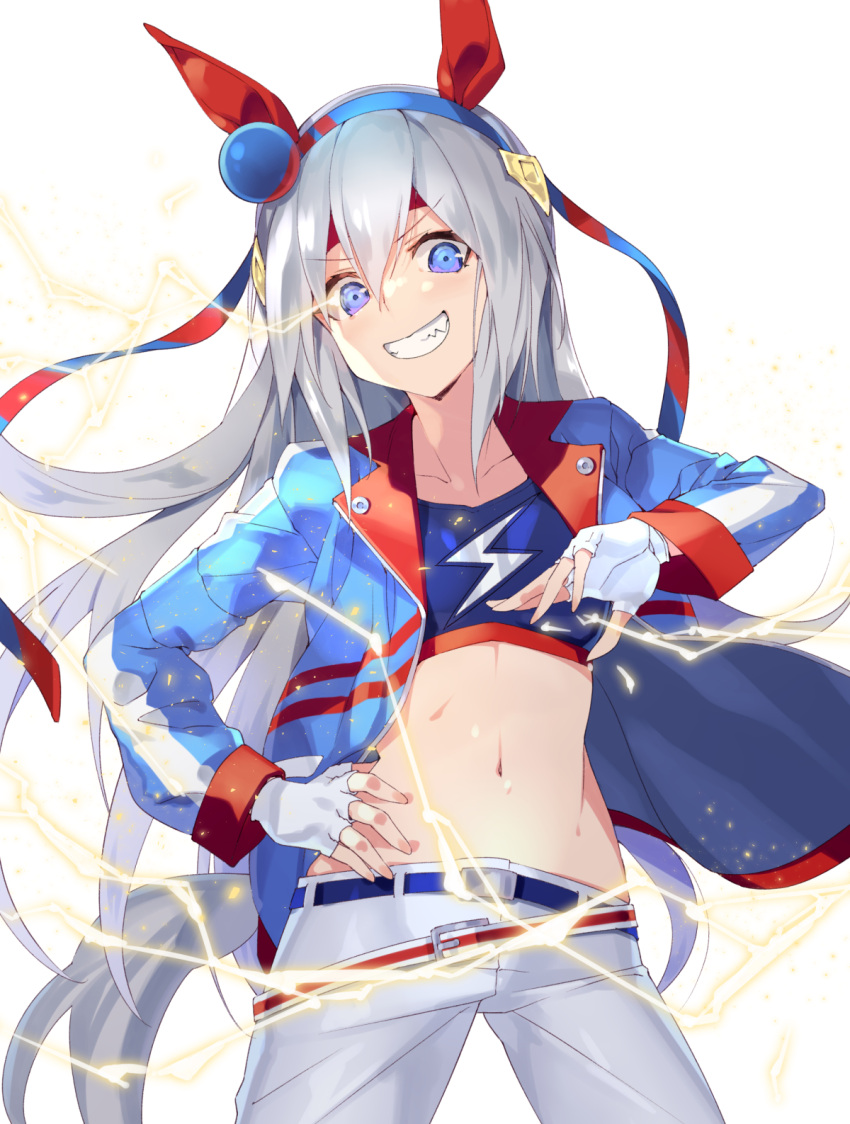 1girl, animal_ears, blue_eyes, blue_jacket, collarbone, crop_top, ear_covers, fingerless_gloves