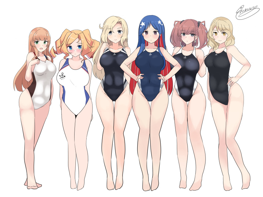6+girls, absurdres, atlanta_(kancolle), blonde_hair, blue_eyes, blush, competition_swimsuit, green_eyes