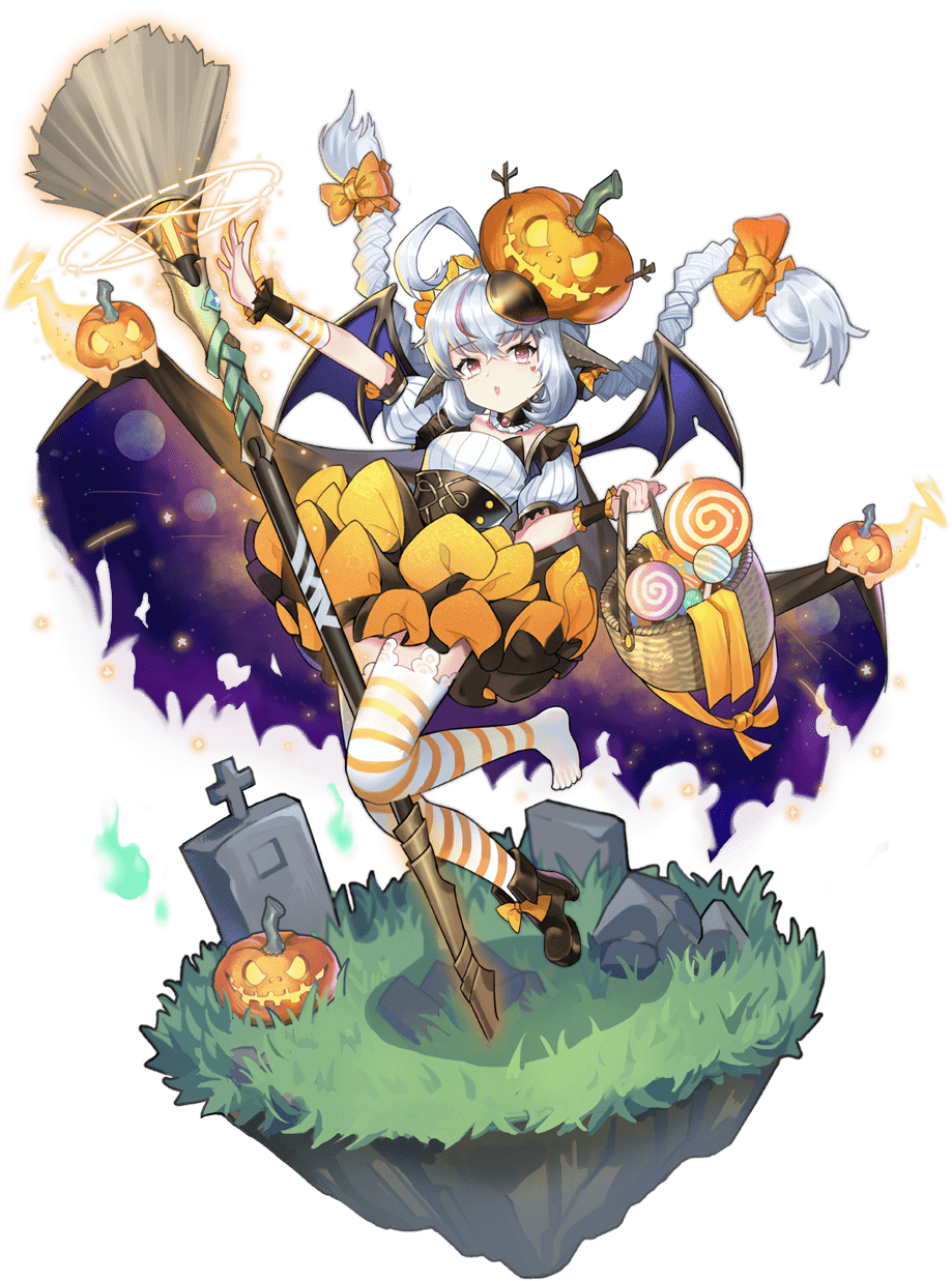 1girl, :o, ahoge, ark_order, artist_request, astraea_(ark_order), bangs, basket, black_corset, black_skirt, boots, bow, braid, broom, candy, corset, faux_figurine, food, full_body, grass, grey_hair, hair_bow, highres, holding, holding_basket, huge_ahoge, jack-o'-lantern, long_hair, looking_at_viewer, magic_circle, official_art, orange_bow, orange_legwear, orange_skirt, pink_eyes, puffy_short_sleeves, puffy_sleeves, pumpkin_on_head, shirt, short_sleeves, single_boot, skirt, solo, striped, striped_legwear, thigh-highs, tombstone, transparent_background, twin_braids, twintails, two-tone_shirt, white_legwear, white_shirt, wing_ears, wrist_cuffs