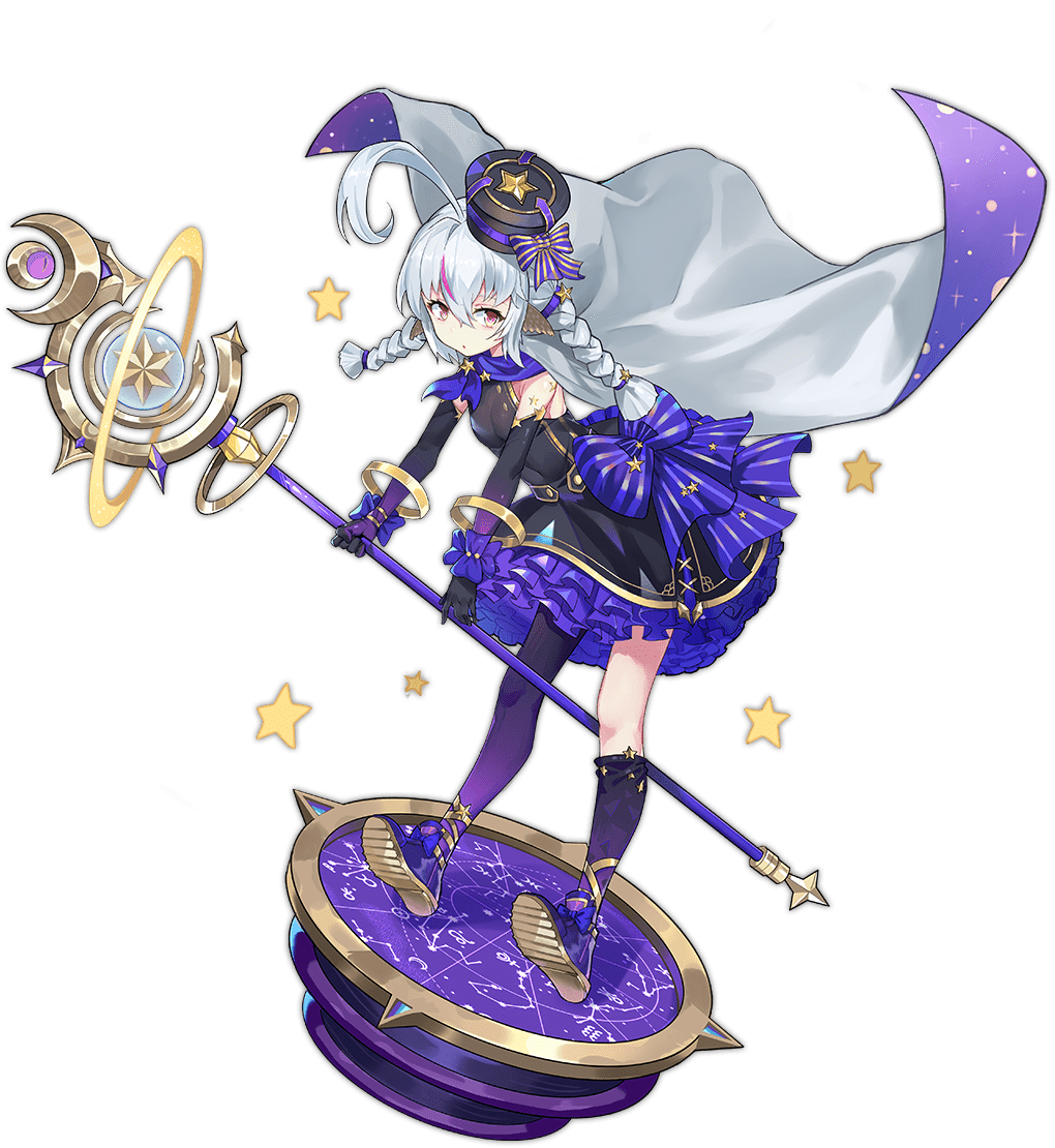 1girl, ahoge, ark_order, artist_request, astraea_(ark_order), bangs, bare_shoulders, black_dress, black_gloves, black_headwear, blue_bow, blue_cape, blue_footwear, blue_gloves, blue_legwear, bow, braid, cape, constellation, constellation_print, crescent, dress, dress_bow, expressionless, faux_figurine, frilled_dress, frills, full_body, gloves, gold_trim, gradient_gloves, grey_cape, grey_hair, hair_ornament, hair_tie, hat, holding, holding_staff, huge_ahoge, looking_at_viewer, low_twin_braids, official_art, open_mouth, pink_eyes, shoes, single_sock, single_thighhigh, sleeveless, sleeveless_dress, sneakers, socks, solo, space_print, staff, star_(sky), star_(symbol), star_chart, star_hair_ornament, starry_sky_print, thigh-highs, transparent_background, twin_braids, two-tone_cape, waist_bow, wing_ears, wrist_bow